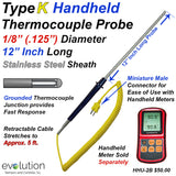 Type K Handheld Thermocouple Probe 12 Inch Long with Retractable Cable
