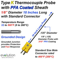 PFA Coated Thermocouple Sensor and Probe Type K Grounded 18 inches long 1/8 inch diameter Stainless Steel Sheath and Standard Connector