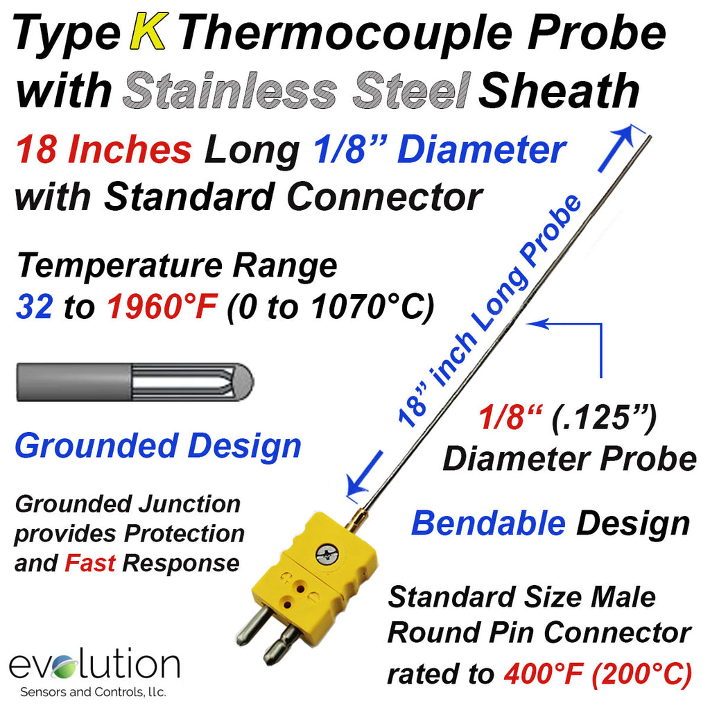 K Type Thermocouple Probe 18 Inches Long 1/8" Diameter with Connector