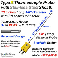 K Type Thermocouple Probe 18 Inches Long 1/8