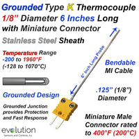 Type K Grounded Thermocouple Probe 6 Inches Long with Miniature Connector