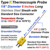Thermocouple Sensor Type K Grounded 6" Long 1/8" Dia. Stainless Steel Sheath with Standard Connector