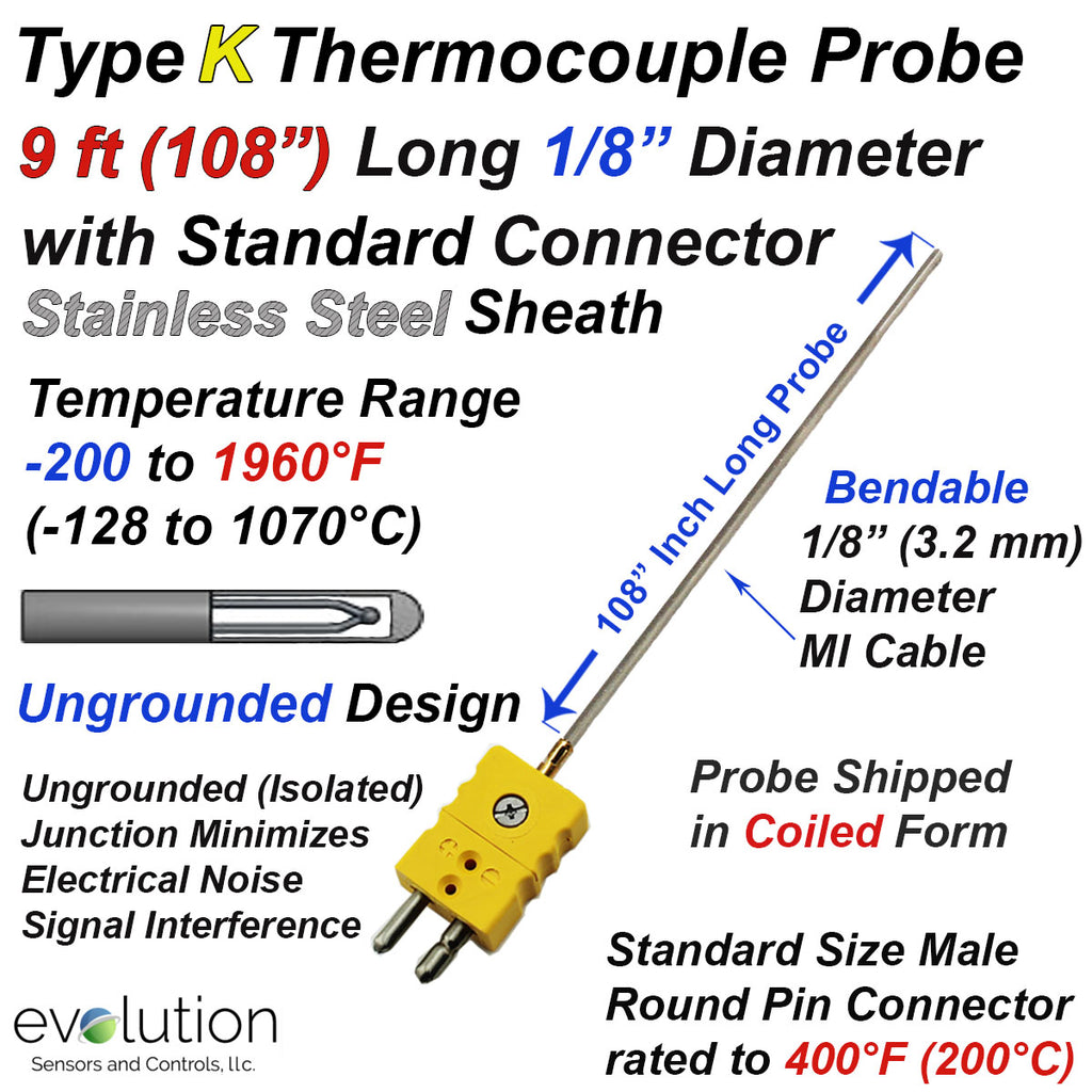 Type K Thermocouple Probe 9ft Long 1/8" Diameter with Connector
