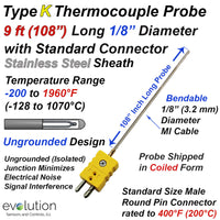 Type K Thermocouple Probe 9ft Long 1/8