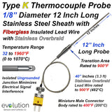 Type K Thermocouple Probe with Stainless-Steel over Fiberglass Leads - Minature Connector Termination