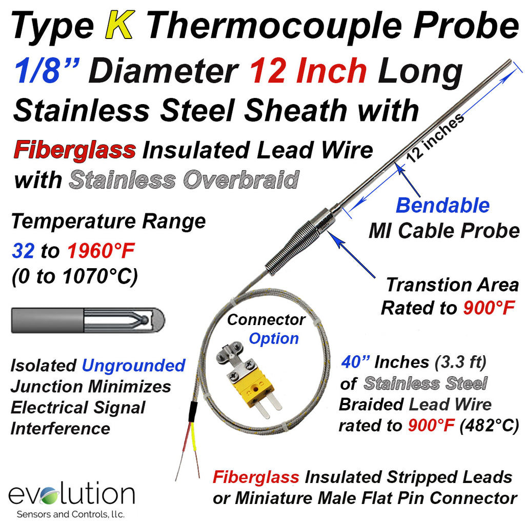 Type K Thermocouple Probe with Stainless-Steel over Fiberglass Leads - Stripped End Termination