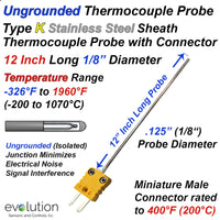 Ungrounded Thermocouple Probe Type K 1/8 Diameter 12 Inches Long