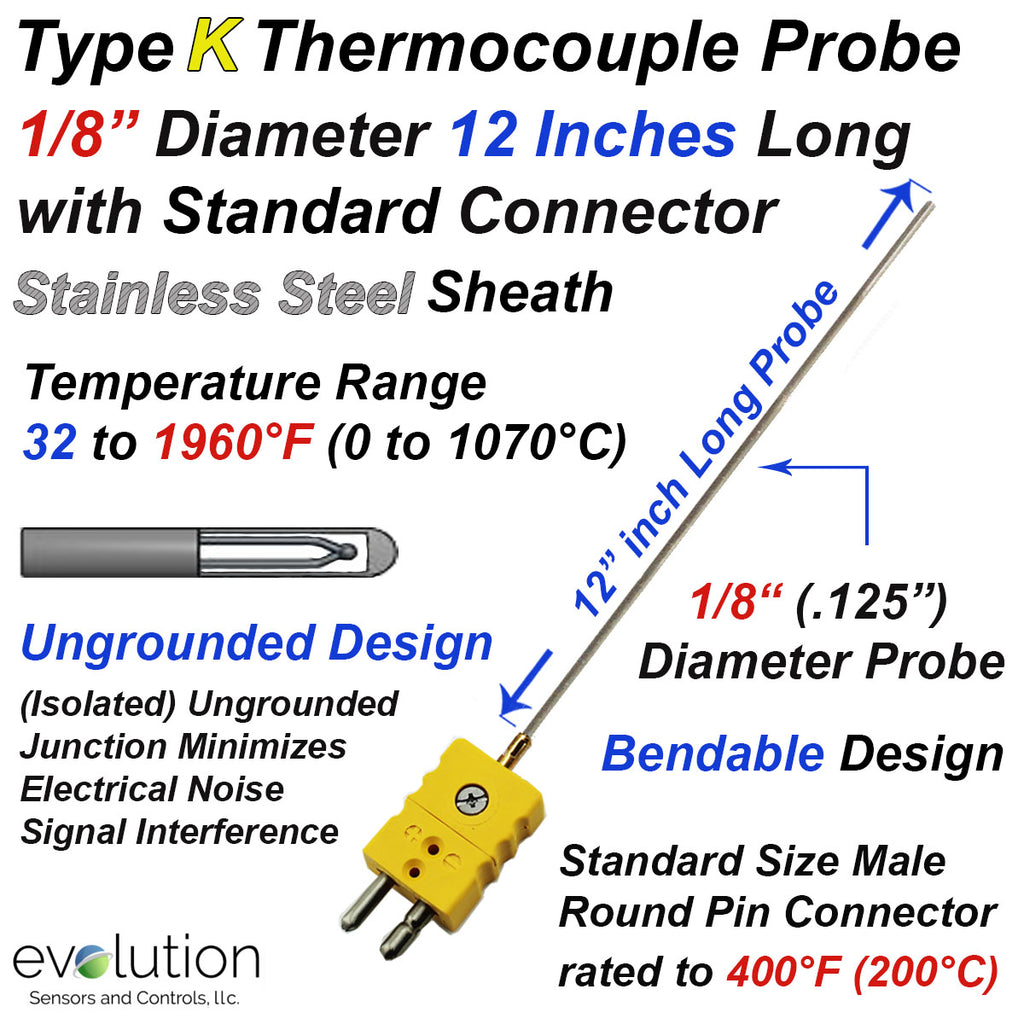 K Type Thermocouple Probe 1/8" Diameter 12" Long with Male Connector