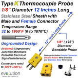 Type K Thermocouple Probe 12 Inch Long 1/8" Diameter Stainless Steel Sheath with Ungrounded Junction and Standard Size Male Round Pin Connector