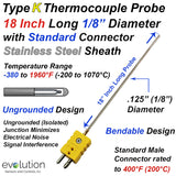 Type K Thermocouple Probe 18" Long 1/8" Diameter with Standard Connector