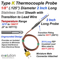 Type K Thermocouple Probe 2 Inches Long with Wire Leads and Connector