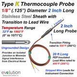 2 Inch Long Type K Thermocouple Probe 1/8" Diameter and 20 ft Lead Wire