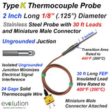 2 Inch Long Type K Thermocouple Probe 30ft Wire Leads and Connector 