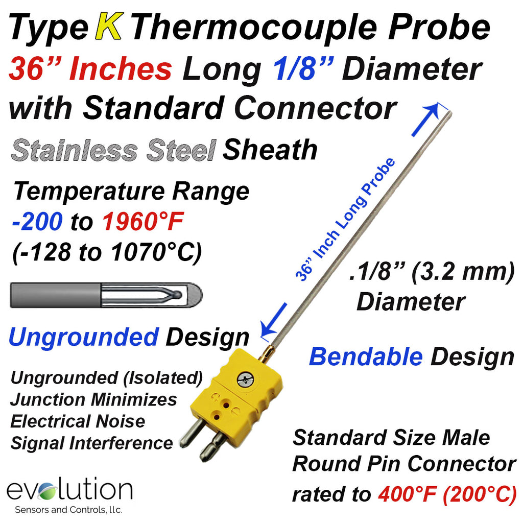 Type K Thermocouple Probe 36 Inch Long 1/8" Diameter Stainless Steel Sheath with Ungrounded Junction and Standard Size Male Round Pin Connector