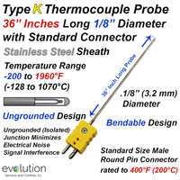 Type K Thermocouple Probe 36 Inch Long 1/8