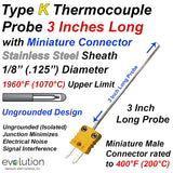 Type K Thermocouple Probe 3 Inches Long 1/8" Diameter with Mini Connector