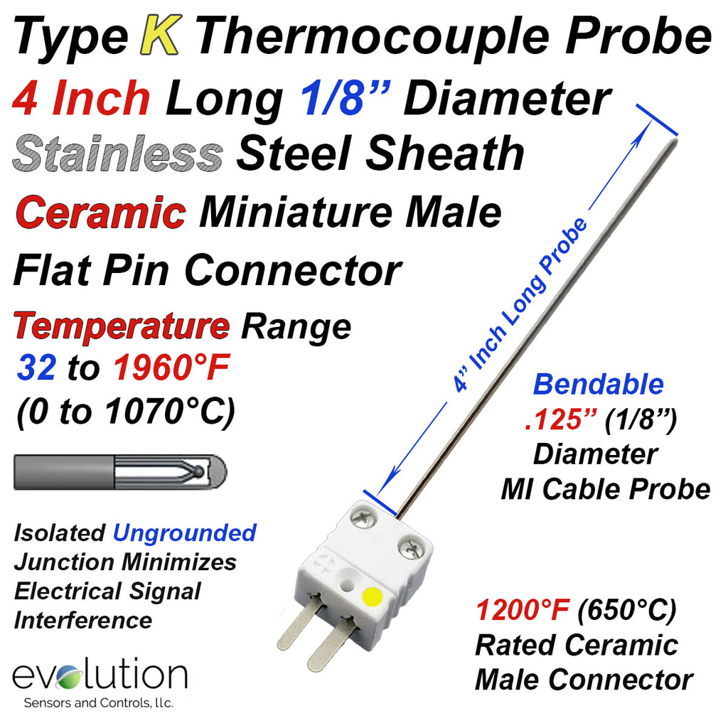 Type K Thermocouple Probe 4 Inches Long with Mini Ceramic Connector 