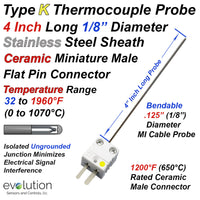 Type K Thermocouple Probe 4 Inches Long with Mini Ceramic Connector 