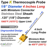 Type K Thermocouple Probe with Miniature Connector 4 Inches Long