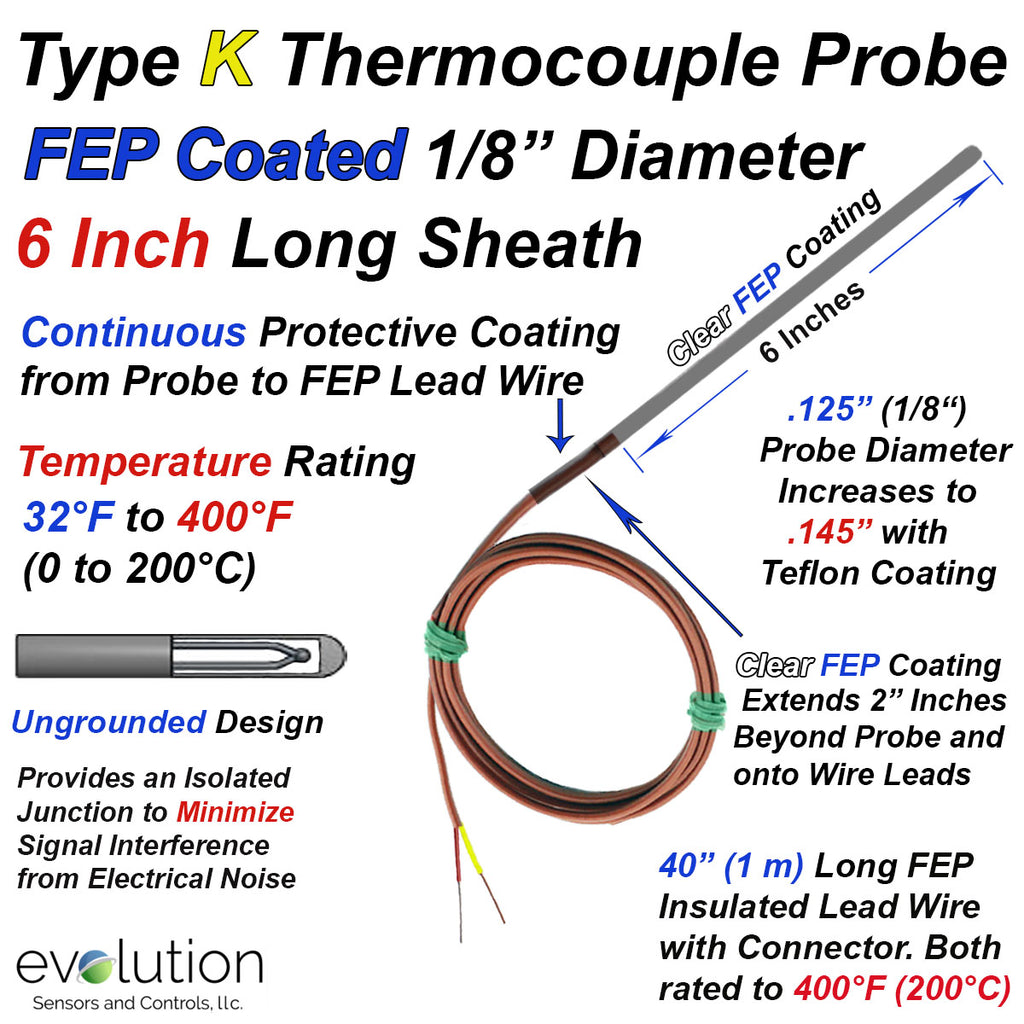 Type K FEP Coated Thermocouple Probe 6 inches Long with Lead Wire ...