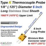 Type K Thermocouple Probe 1/8 Diameter 6 Inch Long Ungrounded with Miniature Male Connector