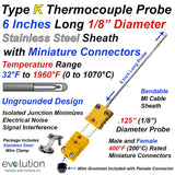 Type K Thermocouple Probe 1/8 Diameter 6 Inch Long Ungrounded with Miniature Male and Female Connector