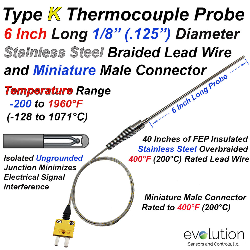 K Type Thermocouple Probe 1/8 Diameter and Stainless Steel Braid Leads