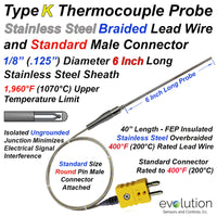 Type K Thermocouple Probe 1/8 Inch Diameter with Overbraided Leads