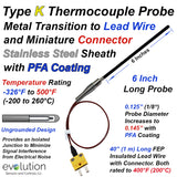 Type K PFA Coated Thermocouple Probe with Transition to 40 Inches of Lead Wire