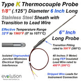 Type K Thermocouple Probe 6 Inch Long 1/8" Diameter Ungrounded with Wire Leads