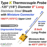 Type K Thermocouple Probe 8 Inches Long with Miniature Connector