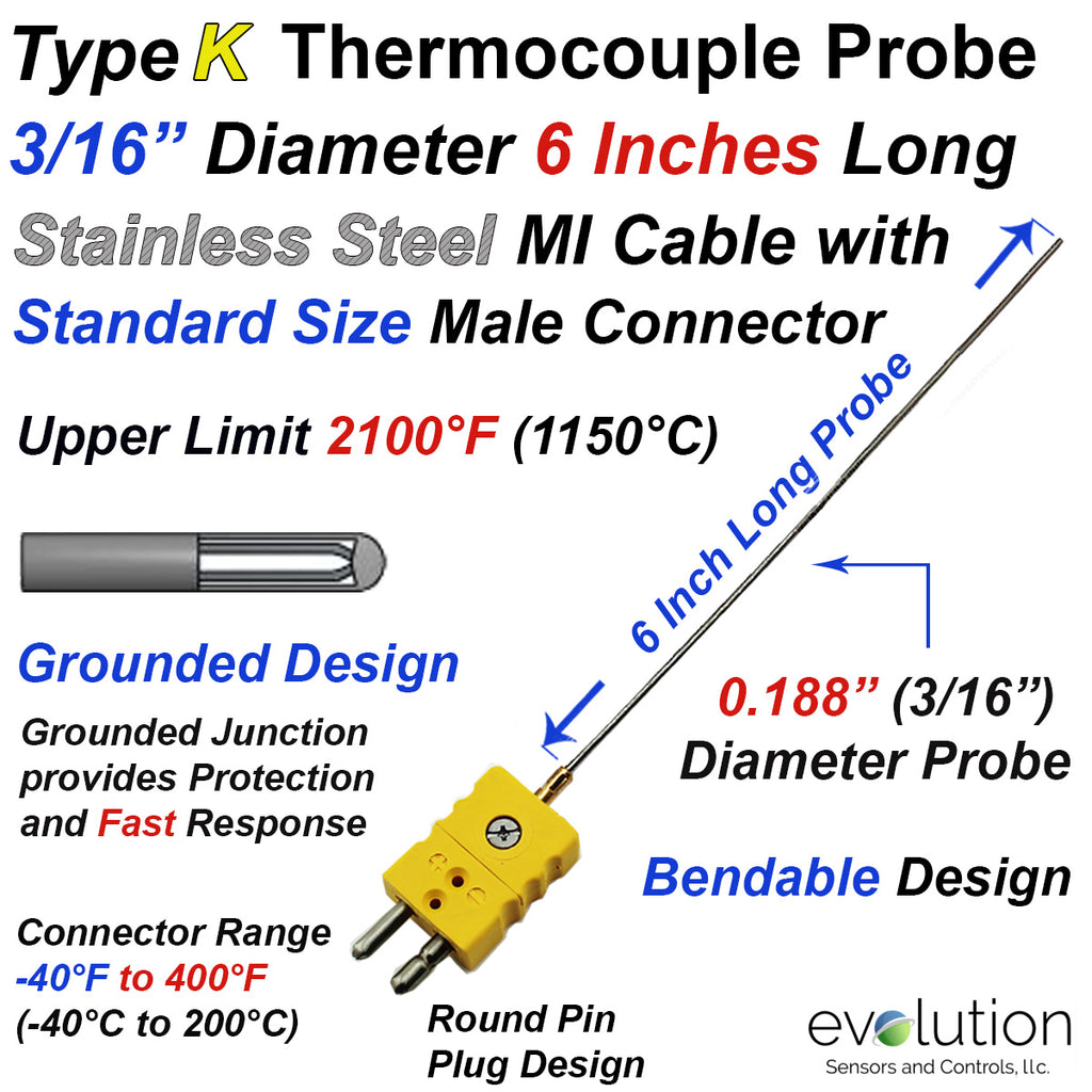 Type K Thermocouple Probe with a Standard Size Round Pin Connector - 3/16" Diameter 6 Inch Long Stainless Steel Sheath Grounded Design