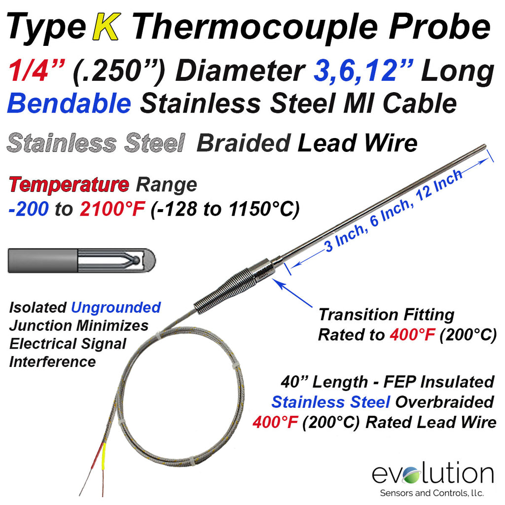 Type K Thermocouple Probe with Stainless Steel Overbraid Lead Wire ...