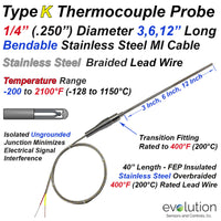 Type K Thermocouple Probe with Stainless Steel Overbraid Lead Wire 