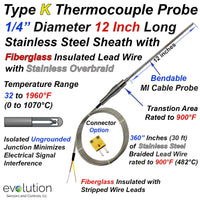 Type K Thermocouple Probe - 12 Inch Long 1/4
