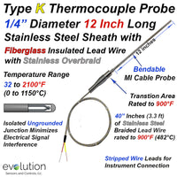 Type K Thermocouple Probe 12 inches Long 1/4