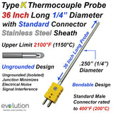 Type K Thermocouple Probe 1/4" Diameter 36 Inch Long Stainless Steel Sheath Ungrounded with Standard Male Round Pin Connector