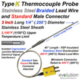 Type K Thermocouple Probe Ungrounded with 1/4" Diameter Stainless Steel Sheath and Transition to Rugged Stainless Steel Braided Lead Wire - Stripped End or Connector Termination