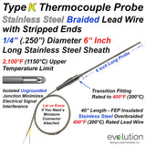 Type K Thermocouple Probe  6 Inches Long 1/4" Diameter with Stainless Steel Overbraid Lead Wire Stripped End Termination