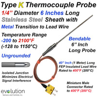 Type K Thermocouple Probe 6 Inches Long with Transition to Lead Wire 