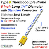 Type K Thermocouple Probe 1/4" Diameter 6 Inches Long with Connector