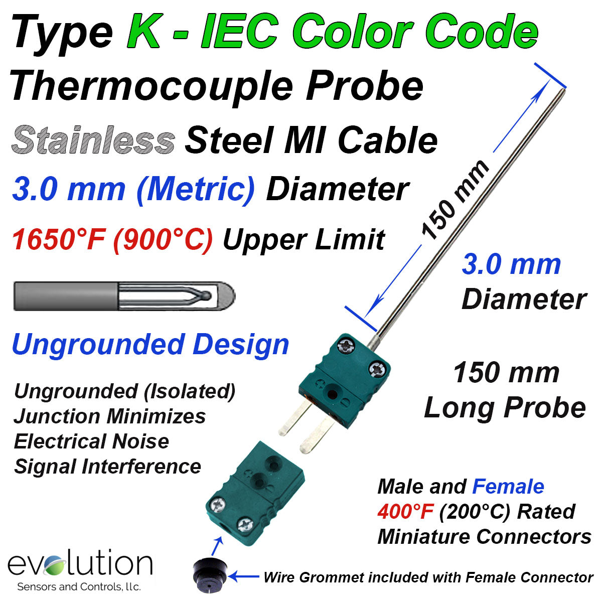 3 mm Diameter Type K Thermocouple Probe IEC Color Code Connector