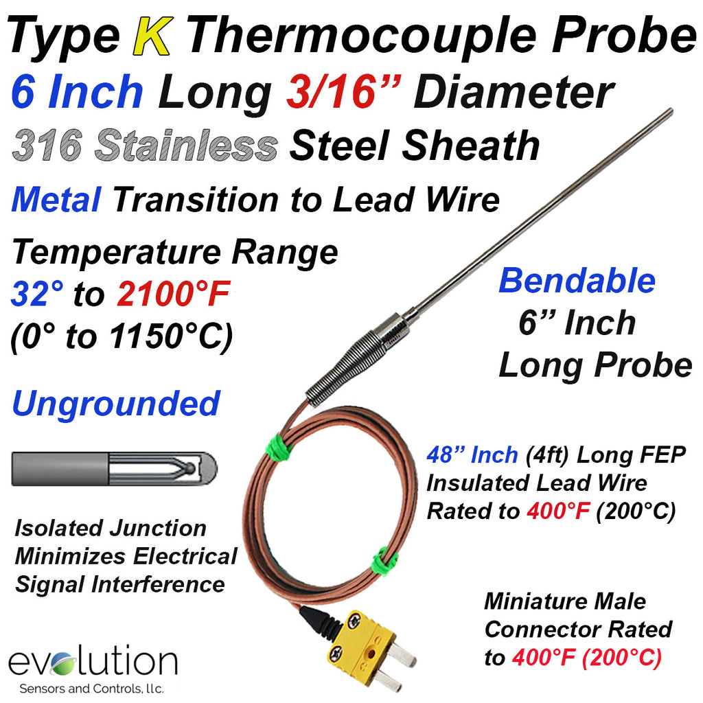 K Type Thermocouple Probe 3/16" Diameter 6 Inches Long with Lead Wire ...