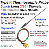 K Type Thermocouple Probe 3/16" Diameter 6 Inches Long with Lead Wire