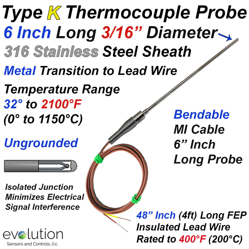 Type K Thermocouple Probe with Transition to Lead Wire 3/16" Diameter 6 Inch Long 316 Stainless Steel Sheath Ungrounded with 4ft of FEP Lead Wire - Stripped Leads or Miniature Connector