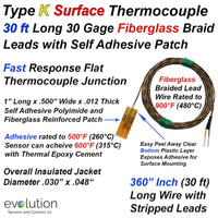 Type K Surface Thermocouple with 30ft Fiberglass Braid Wire Leads