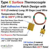Surface Thermocouple Type K with Surface Mount Adhesive Patch and 120 inches of 30 Gage PFA Insulated Wire with Miniature Connector