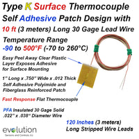 Surface Thermocouple Type K with Surface Mount Adhesive Patch and 120 inches of 30 Gage PFA Insulated Wire with Stripped Leads