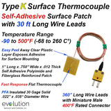 Type K Surface Thermocouple Self Adhesive Patch Design with Long or Custom Lead Wire Lengths and Miniature Connector