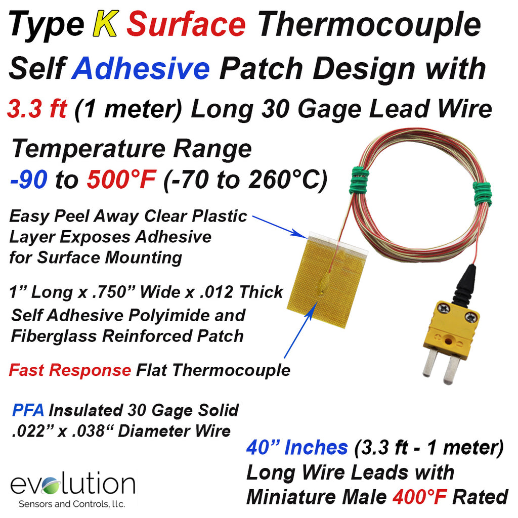 Surface Thermocouple Type K with Surface Mount Adhesive Patch and 40 inches of 30 Gage PFA Insulated Wire with Miniature Connector